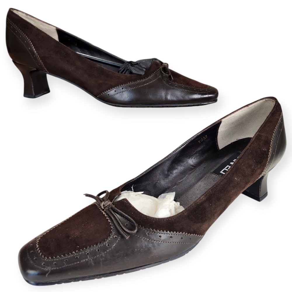 VAN ELI Sz 10M "Ramy" Brown PUMPS Block Heel Square Toe with Bow